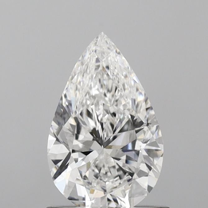 0.97-carat pear diamond with E color, null cut, and VS1 clarity.
