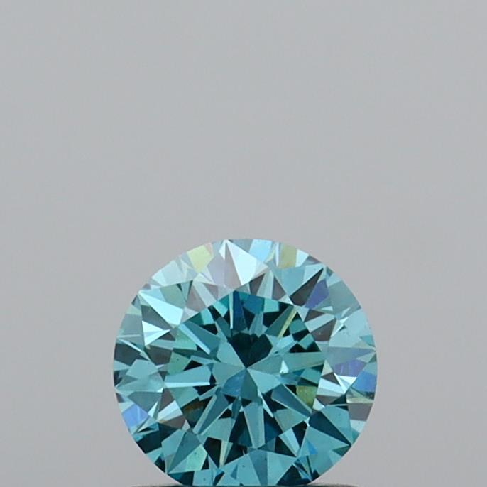 Actual 0.76 carat Vivid Greenish Blue Round lab-grown diamond
